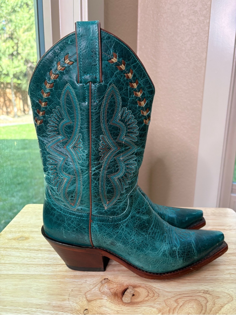 Justin Damiana Turquoise Leather Cowboy Boots Womens 8B Snip Toe Western